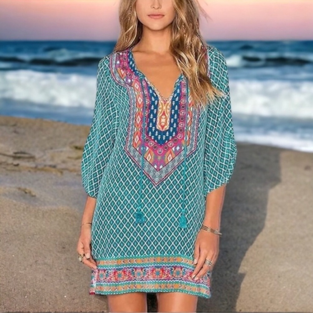 Boho Beck Tie Vintage Printed Ethnic Style Summer Shift Dress